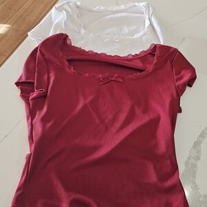 SHEIN Red and White Lace Trim Short Sleeve Tops Bundle